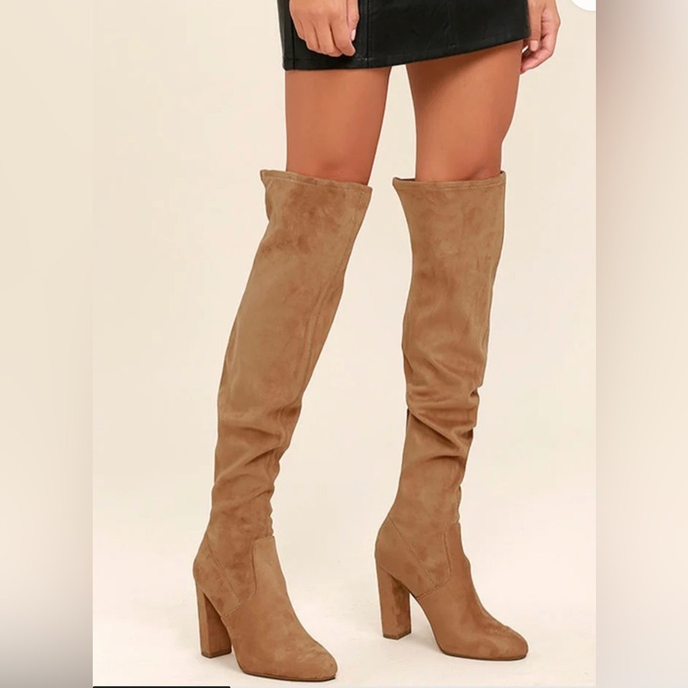 Steve Madden Tan Faux Suede Over The Knee Block Heel Boots 6.5